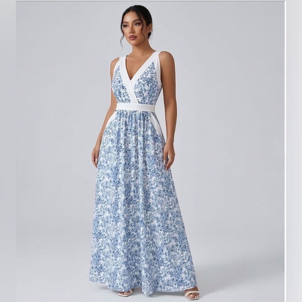 LAST ONE 🔥 Serene Azure Floral V-Neck Maxi Dress With Pockets Blue